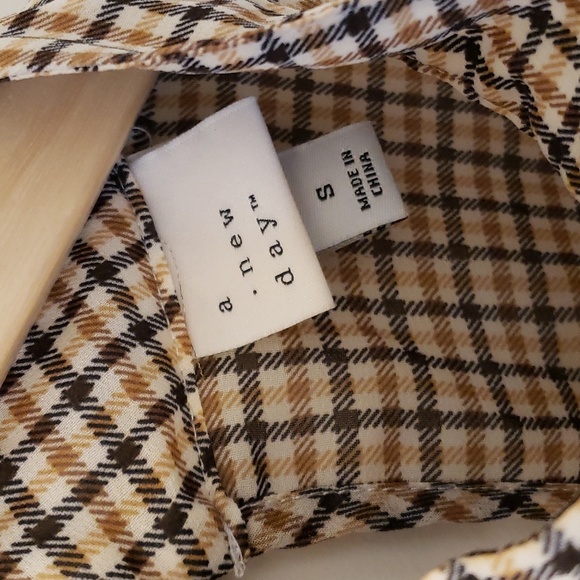 A New Day Sheer/Lightweight Plaid Mock Neck Top With Bell/Flair Sleeves - Picture 3 of 9